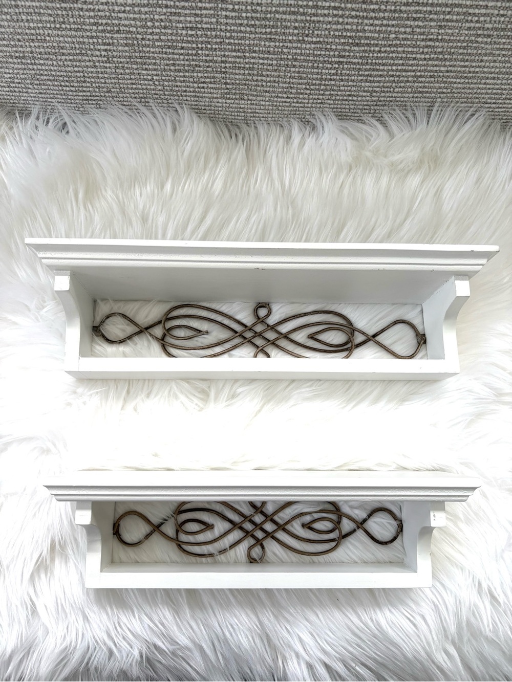 White Wall Shelf Set of 2 with Bronze Scroll Accent - Home Wall Decor